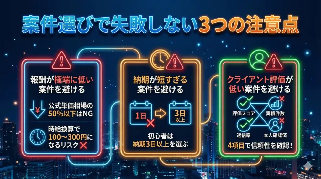 案件選びで失敗しない3つの注意点