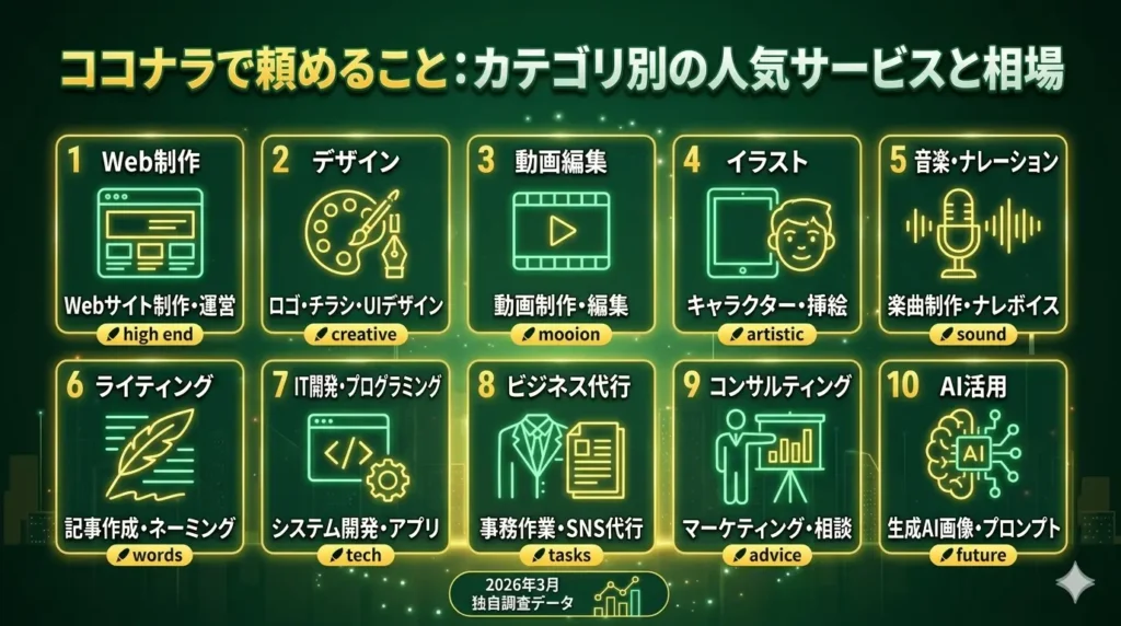 ココナラで頼めること：カテゴリ別の人気サービスと相場