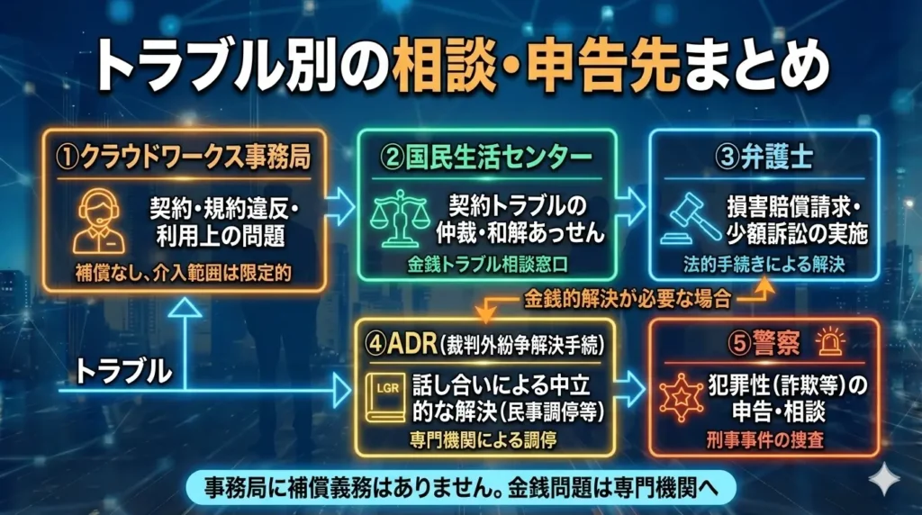 トラブル別の相談・申告先まとめ