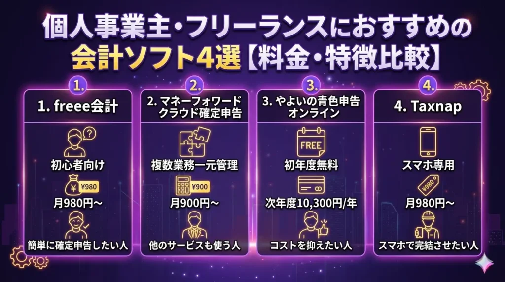 個人事業主・フリーランスにおすすめの会計ソフト4選【料金・特徴比較】