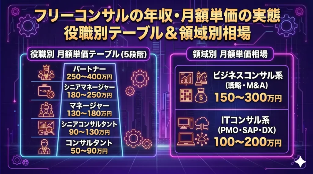 フリーコンサルの年収・月額単価の実態｜役職別テーブル＆領域別相場